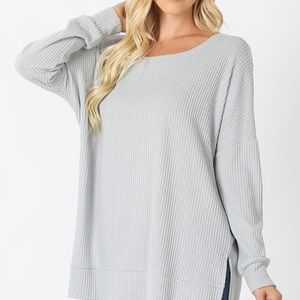 BRUSHED THERMAL WAFFLE SWEATER HI-LOW HEM